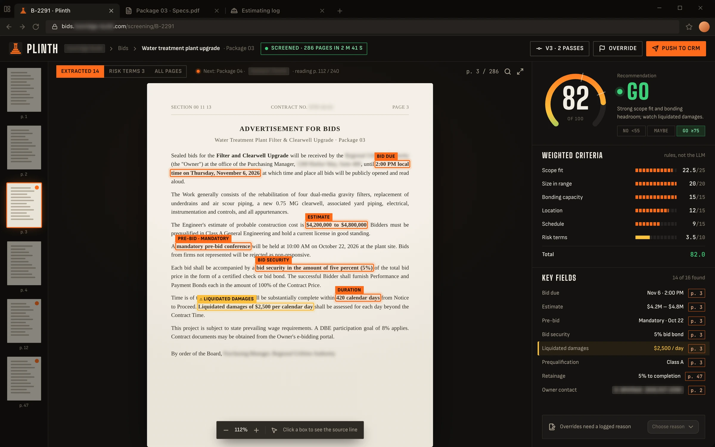 Bid screening · Construction: a rebuilt console, client name and data anonymised