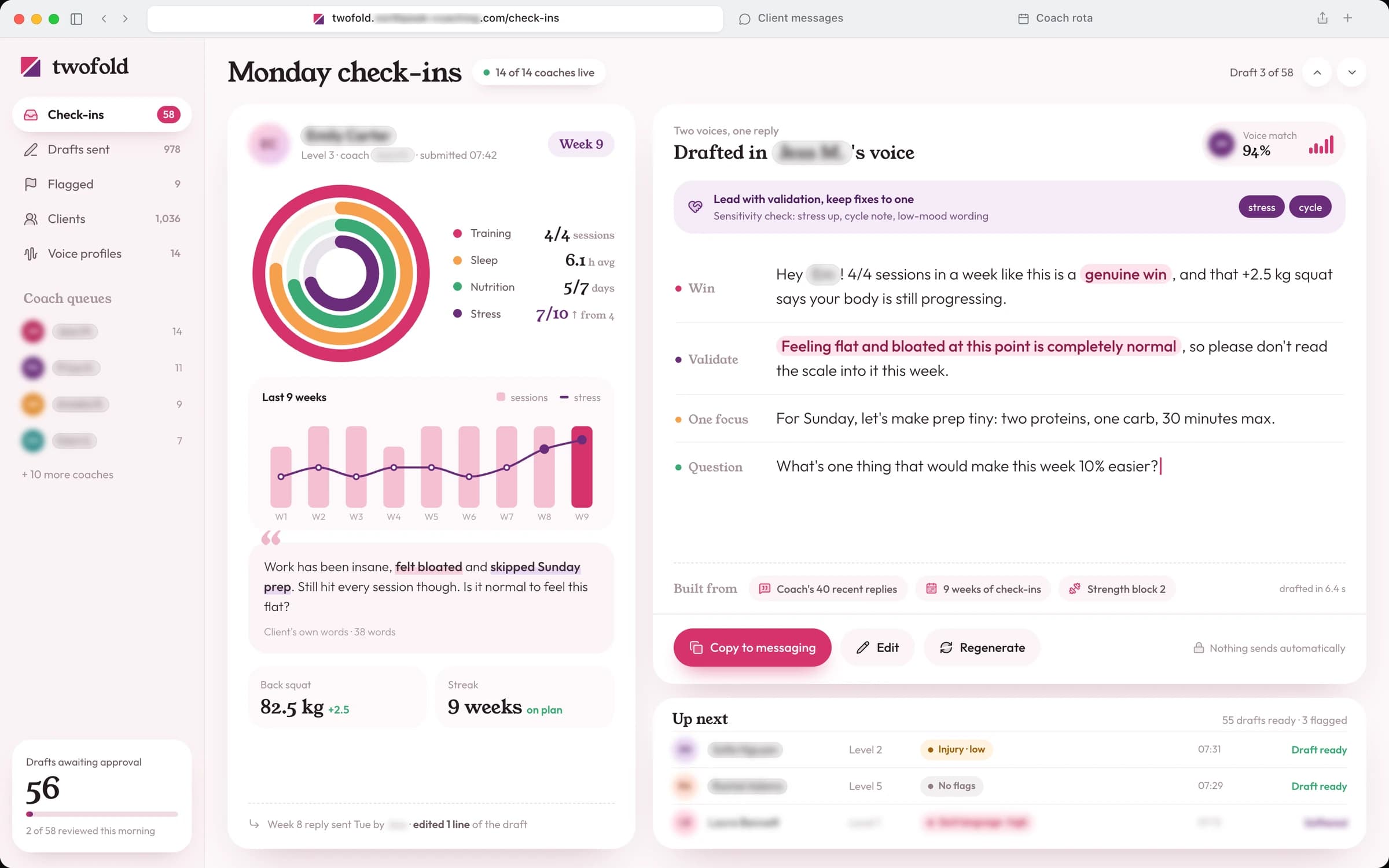 Check-in drafting · Fitness coaching: a rebuilt console, client name and data anonymised