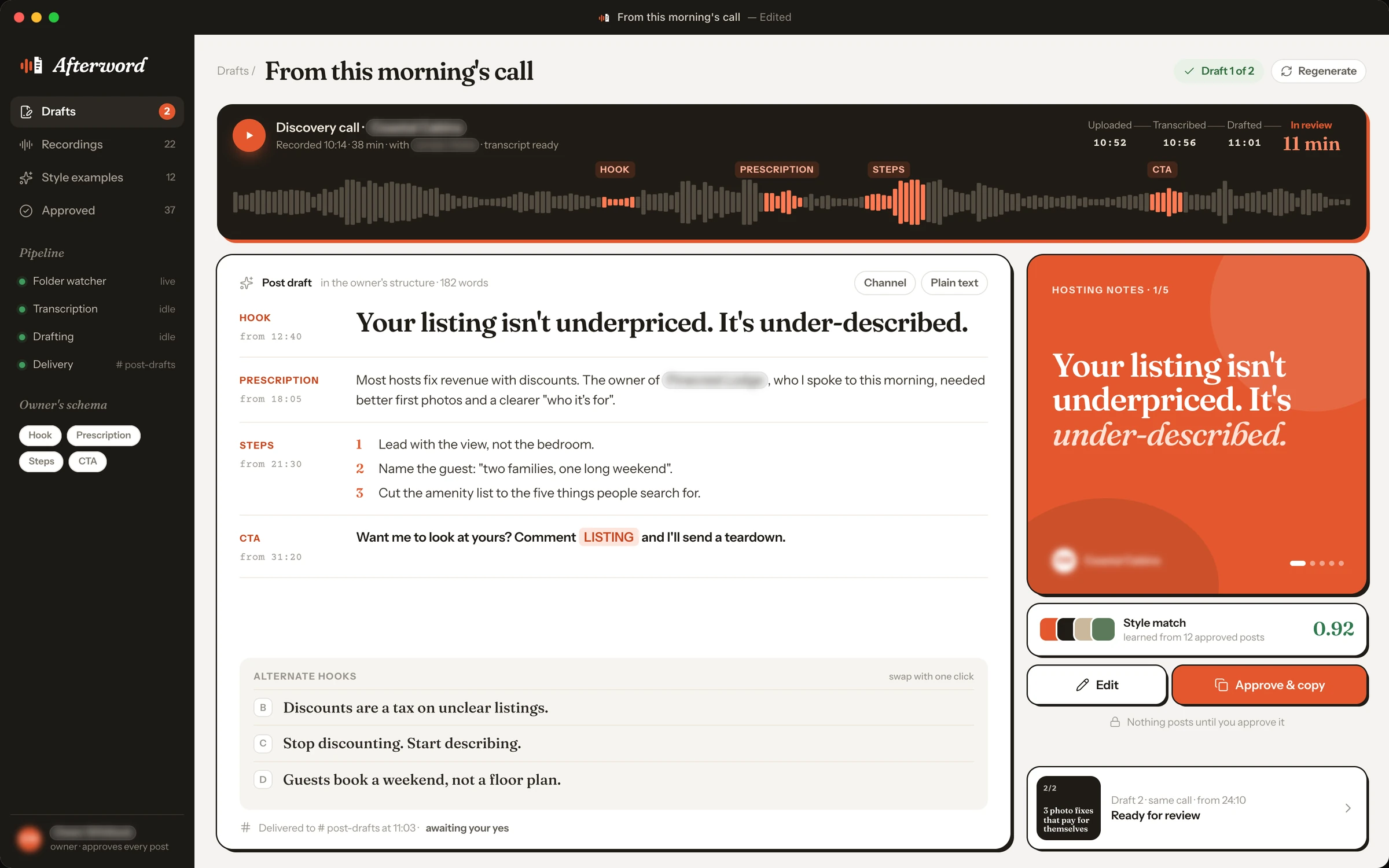 Call-to-content drafts · Short-term rentals: a rebuilt console, client name and data anonymised