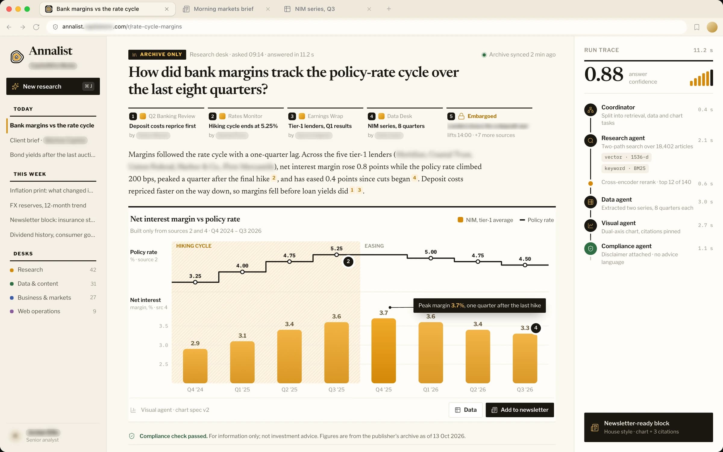 Research copilot · Financial media: a rebuilt console, client name and data anonymised