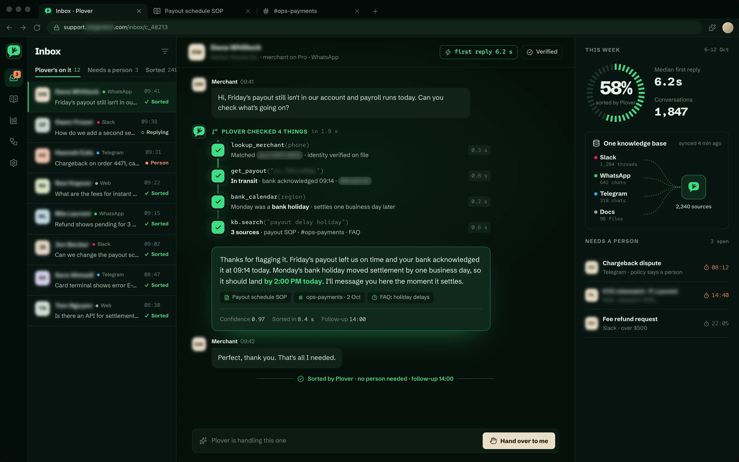 Support agent · Finance & payments: a rebuilt console, client name and data anonymised