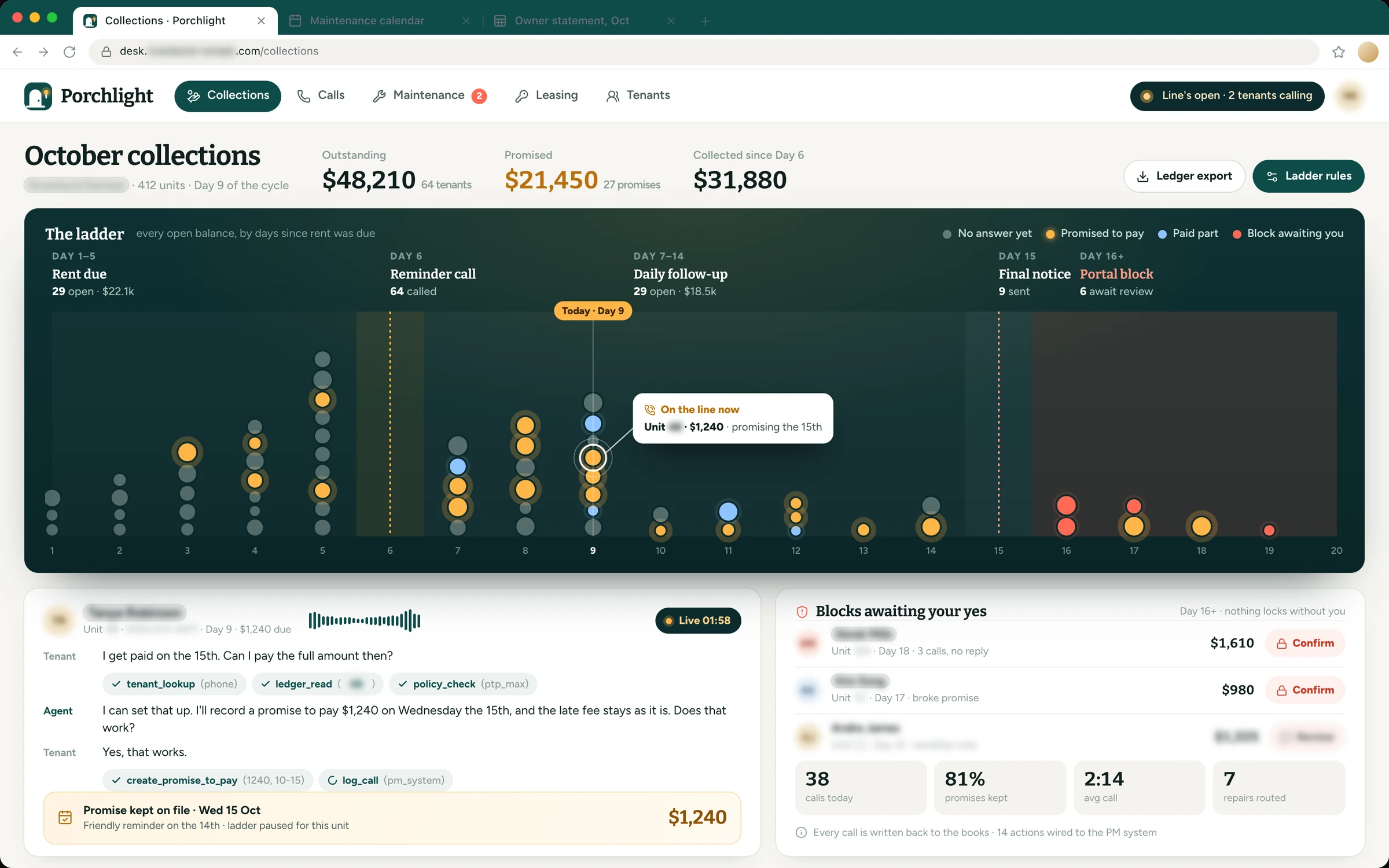 Tenant line & collections · Property management: a rebuilt console, client name and data anonymised