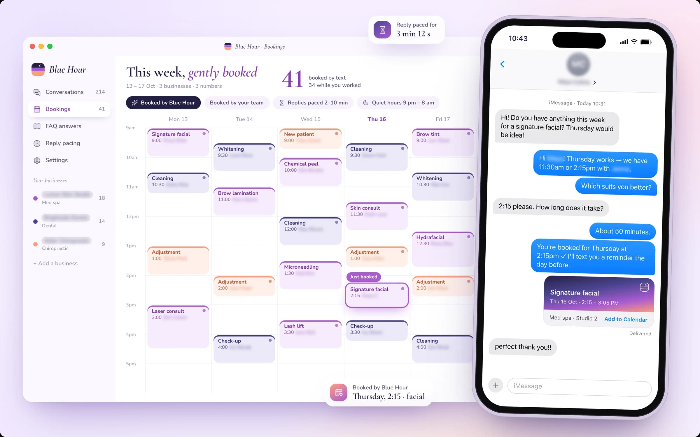 Text booking line · Clinics & spas: a rebuilt console, client name and data anonymised