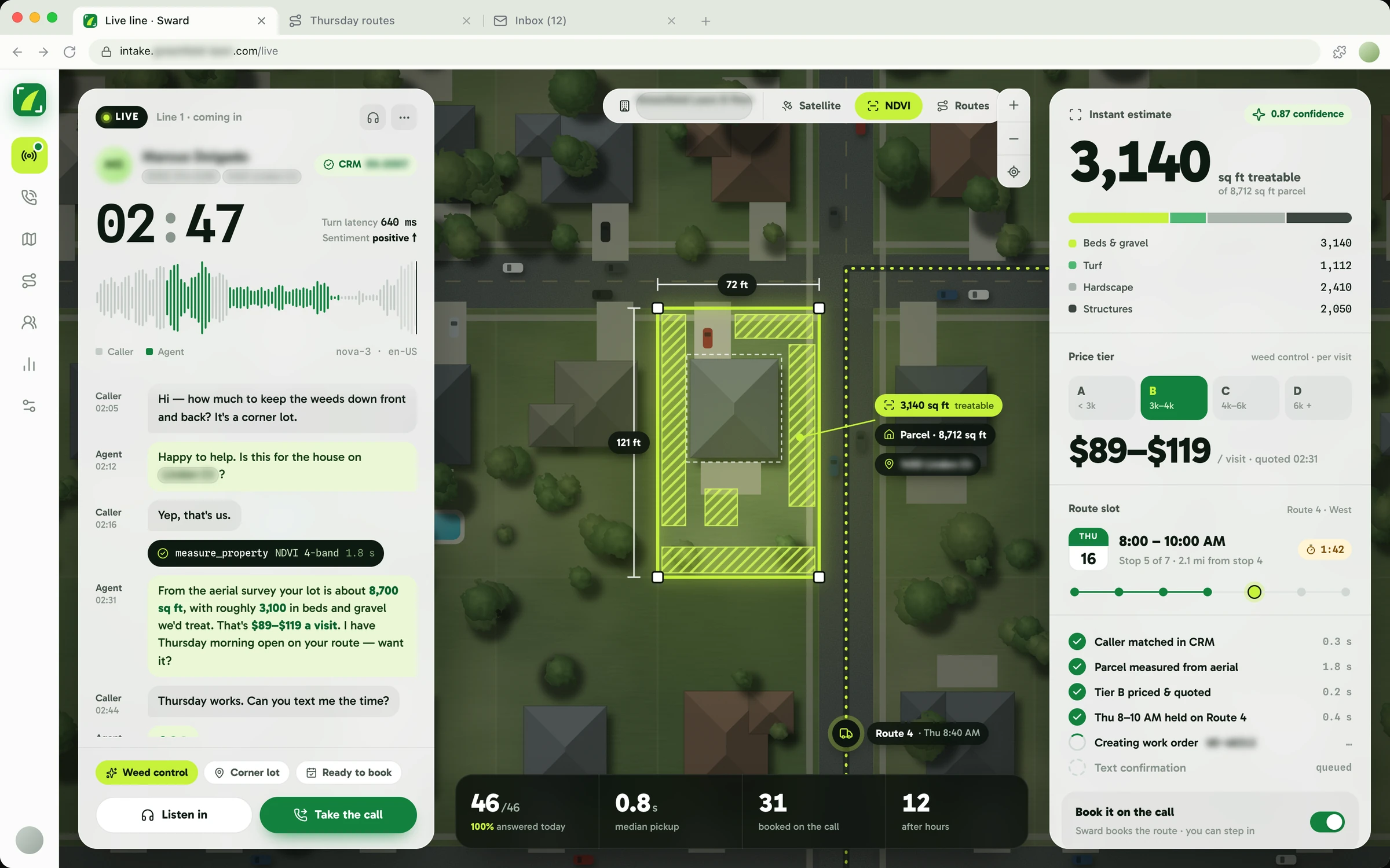 Voice intake · Home services: a rebuilt console, client name and data anonymised